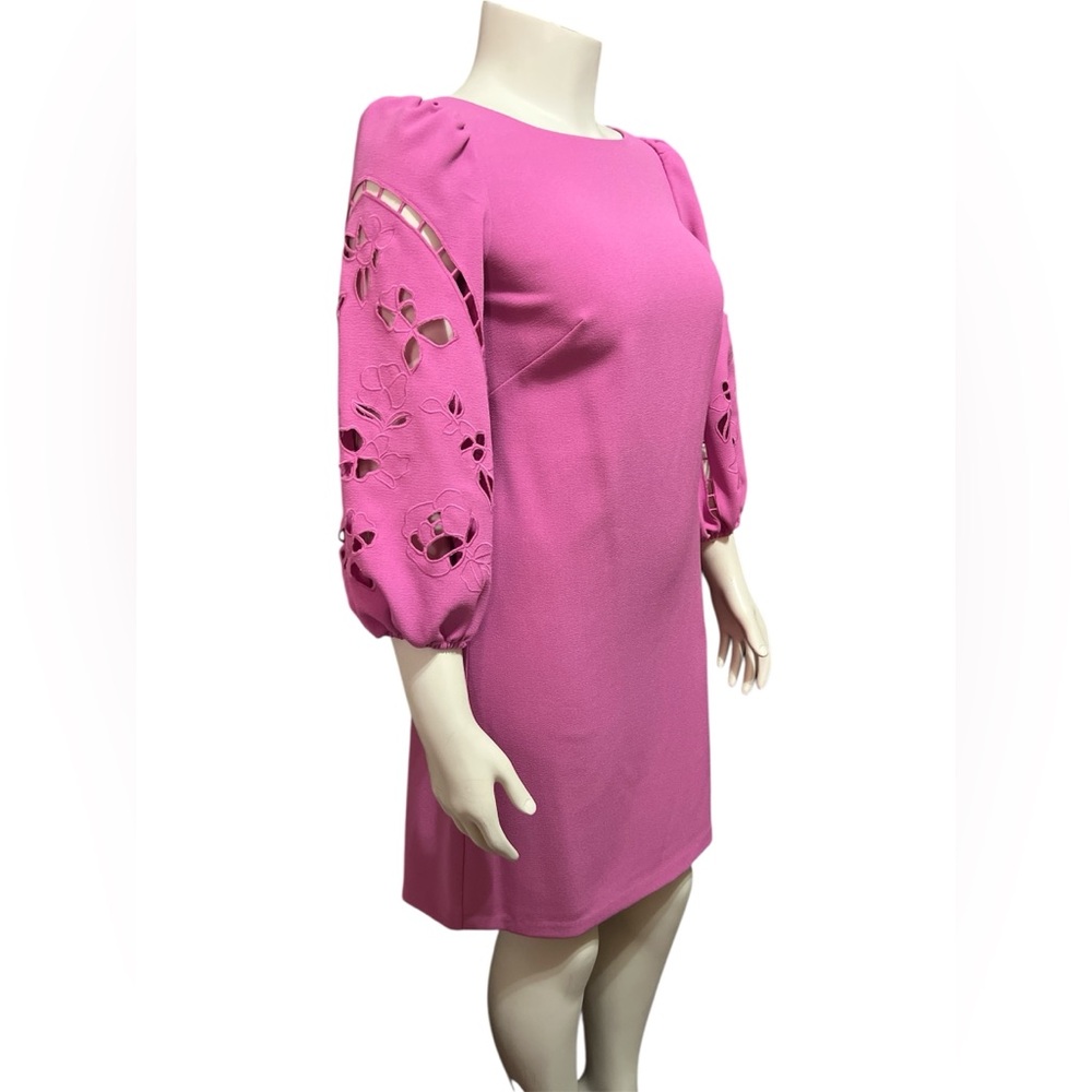 NWT Vince Camuto Sz 10 Boat Neck 3/4 Laser-Cut Puff Sleeve Crepe Sheath Dress - Picture 4 of 10